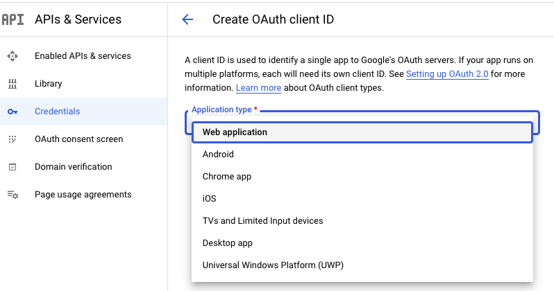 From the dropdown, select your Application type as a Web application