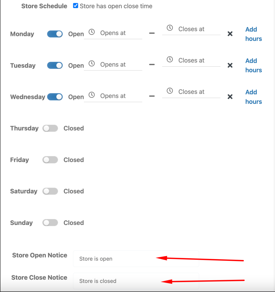 This image shows Dokan open and close time notices