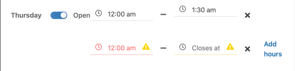 This image shows how to add multiple opening and closing hours 