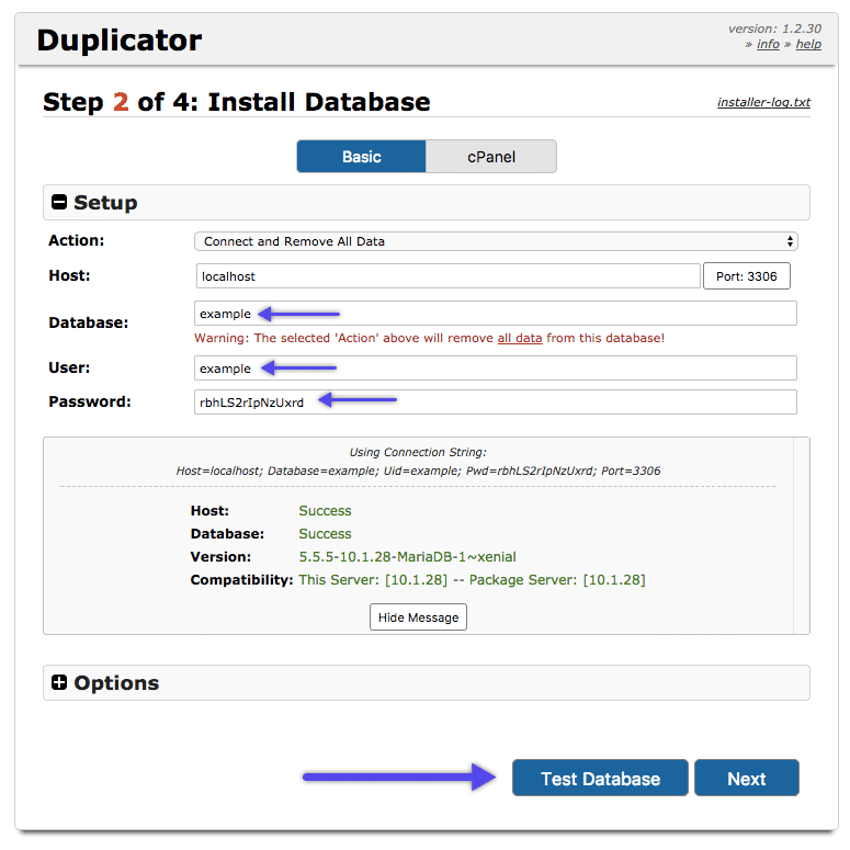 A screenshot of step 2  of Duplicator