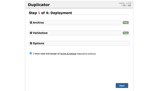 A screenshot of step 1  of Duplicator