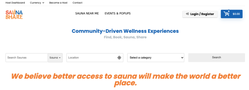 This is a screenshot of the homepage of sauna share multivendor marketplace