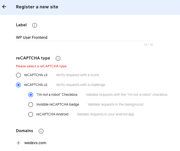 Registering a new site in Google reCAPTCHA