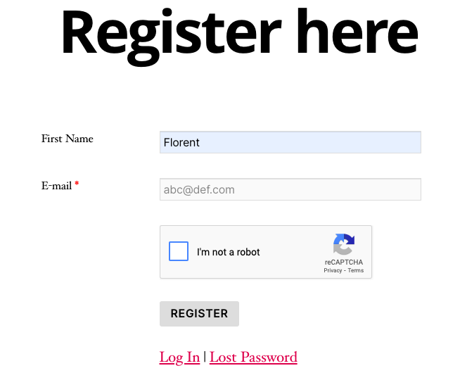 Frontend view of a WordPress registration form with reCAPTCHA enabled