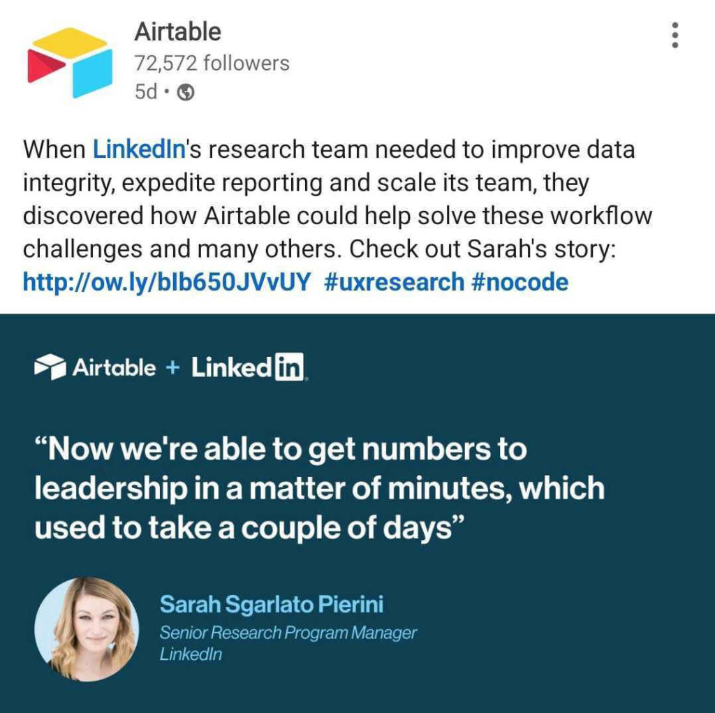 Airtable LinkedIn post highlights a customer story