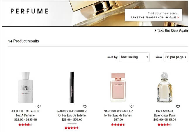 Recommended perfumes from Sephora based on quiz result