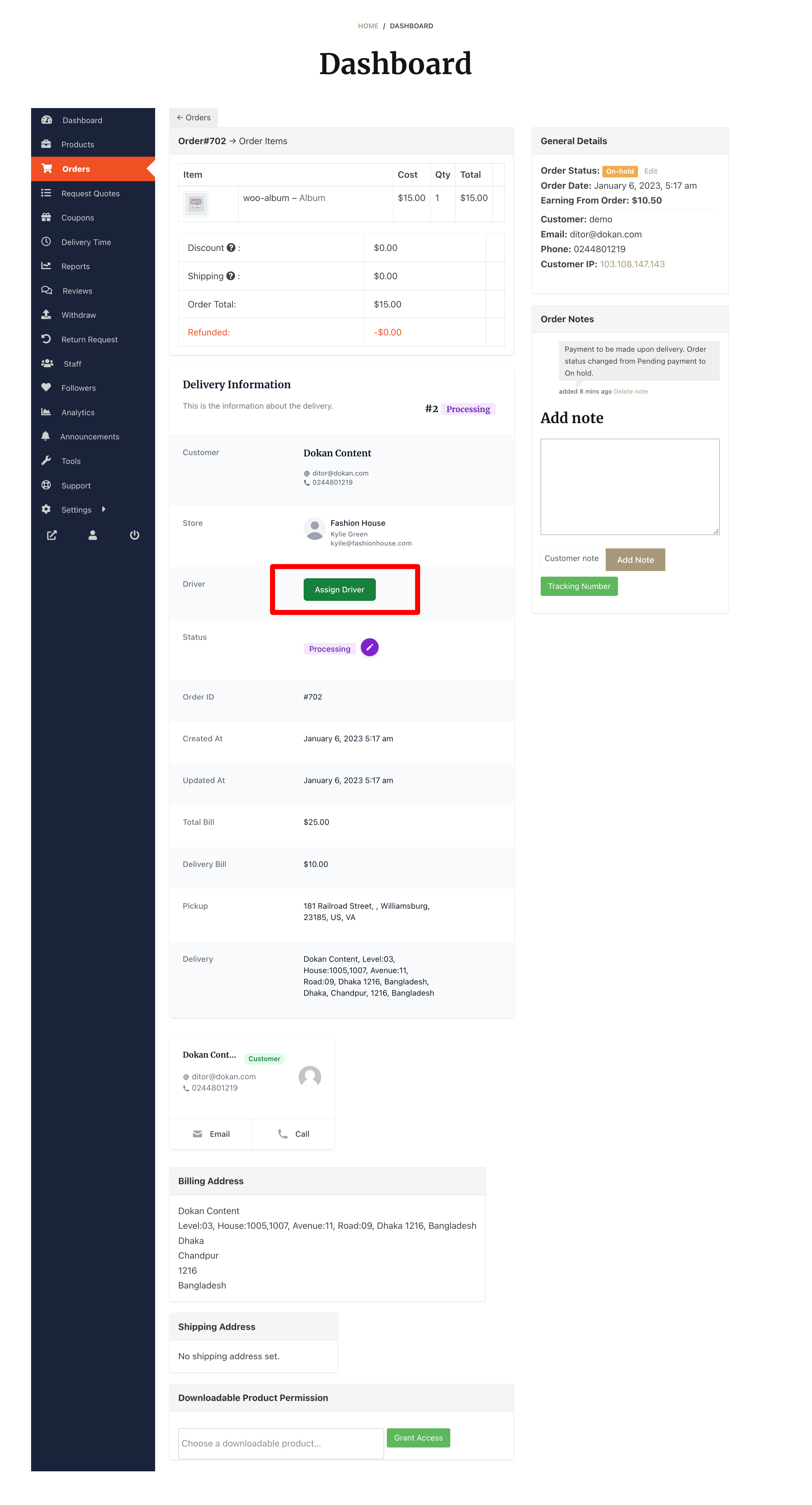 This image shows Dokan Delivery Driver Plugin Assign a driver by vendor