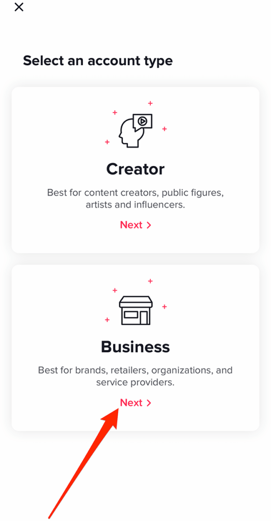 A screenshot shows how to select a TikTok account type