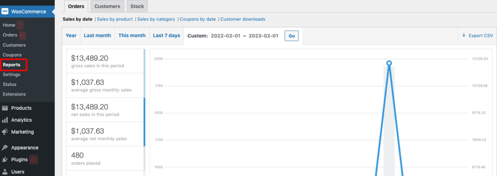 This is a screenshot of a WooCommerce exports page. 