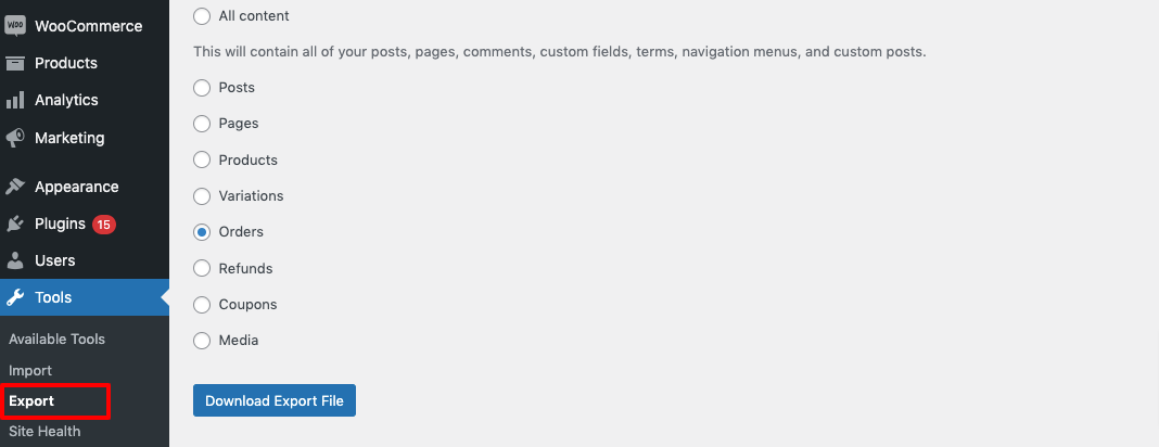 This image shows the Export tool of a WordPress site.