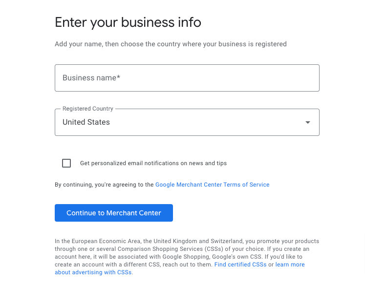 This image shows the sign up form for the Google Merchant Center account