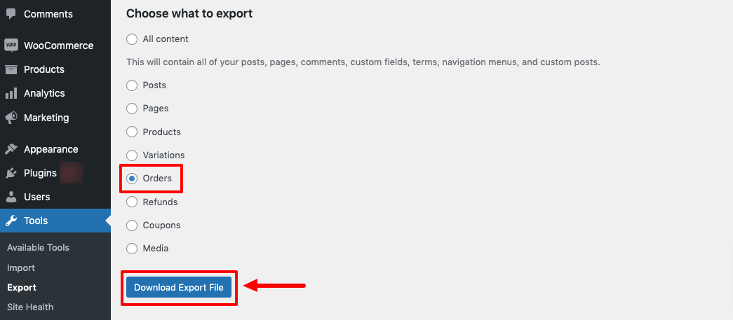 This is a screenshot of a WordPress site that shows the Export tool of WordPress.