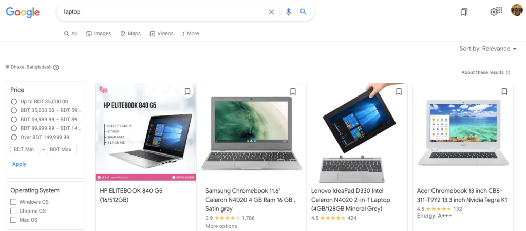 This image shows 4 laptops enlisted on Google Shopping