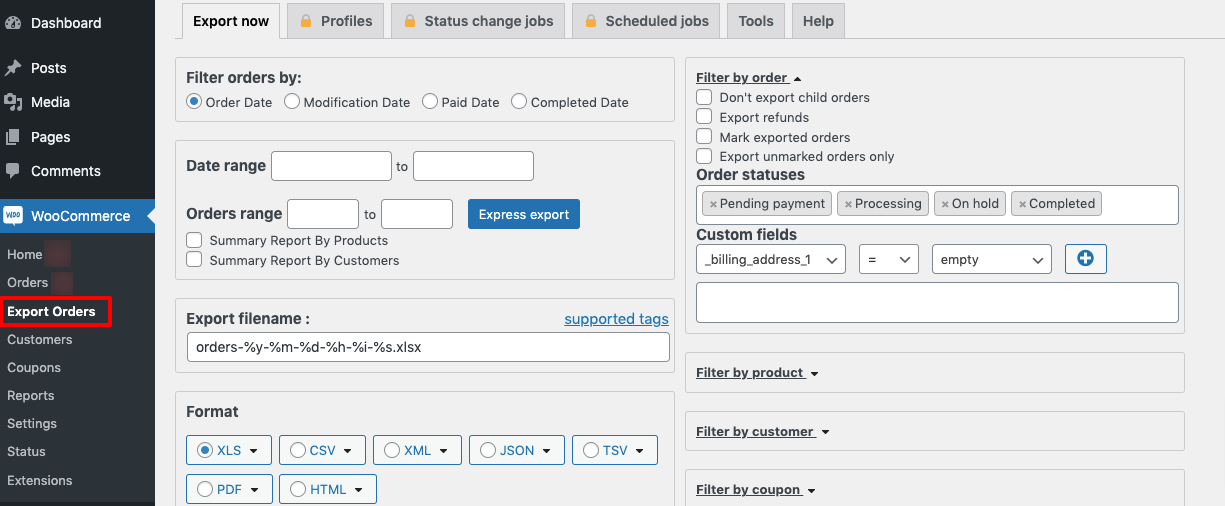 This image shows the Export Orders option in a WooCommerce site. 
