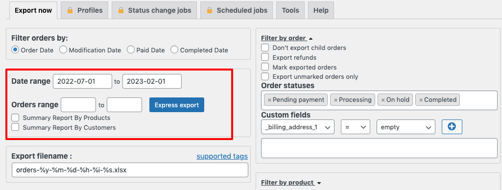 This image shows how to set a date range to export WooCommerce orders