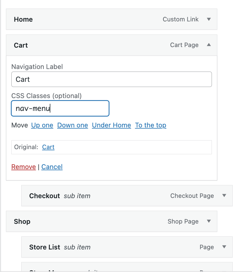 A screenshot on how to Add CSS class to menu