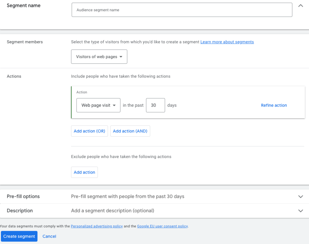 This image shows how to create a new segment in Google Ads account.