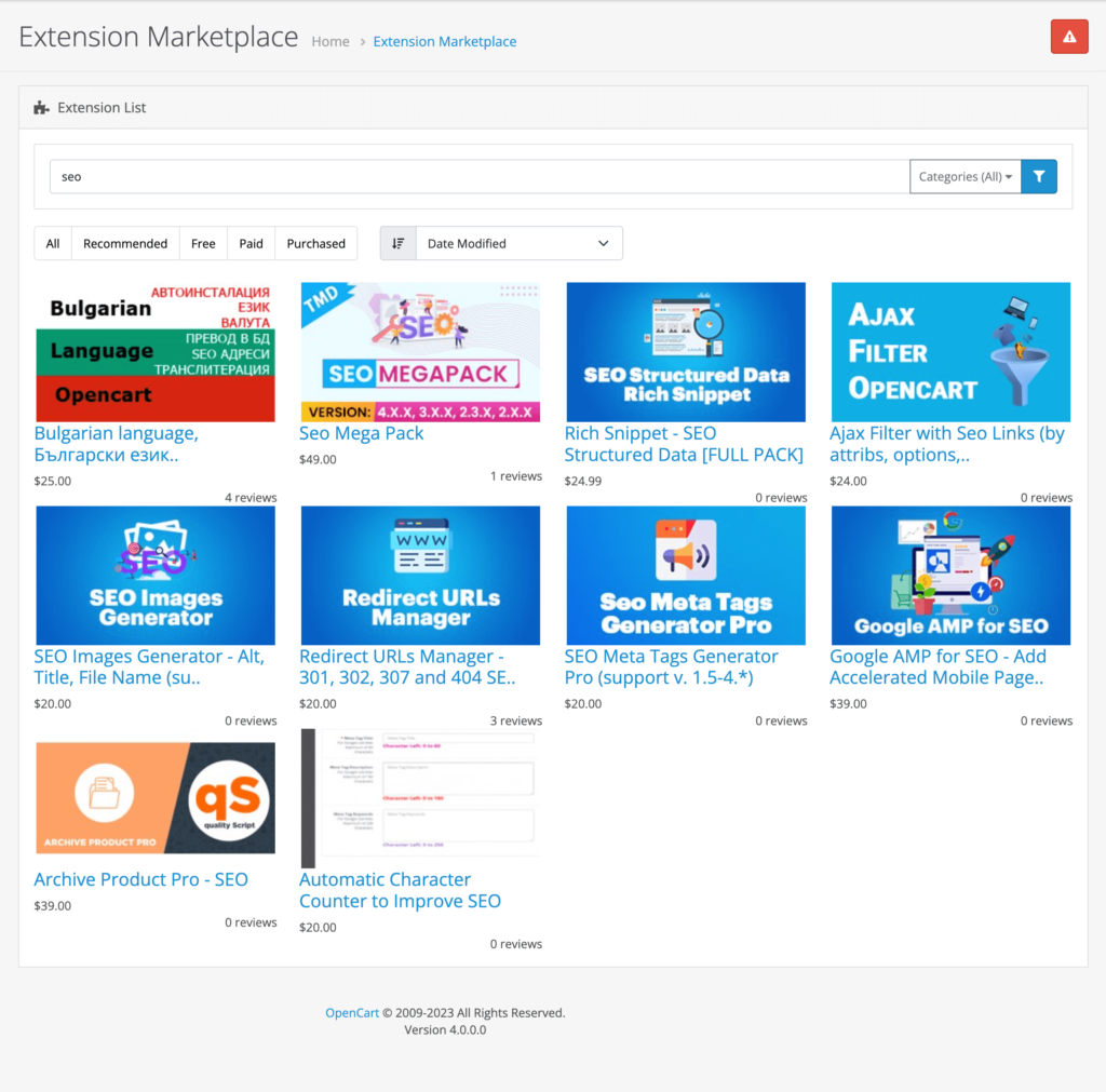 A screenshot of the OpenCart SEO extensions