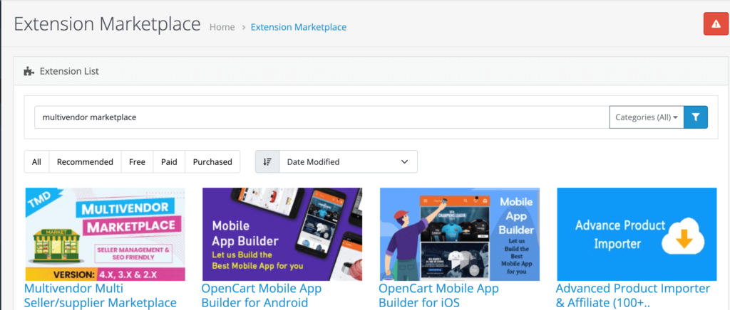 A screenshot of the Opencart Marketplace