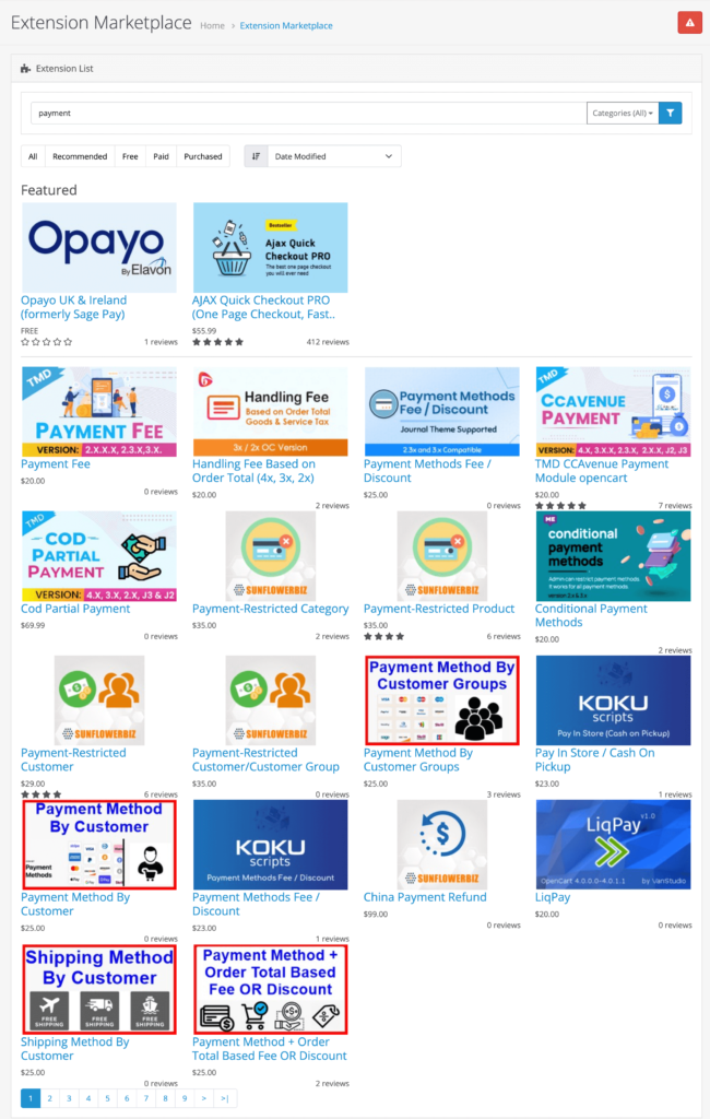 A screenshot of the Opencart Payment gateways