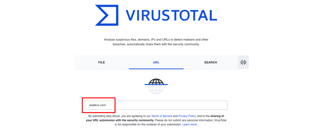 This image shows the homepage of the VirusTotal onlince scanner website.