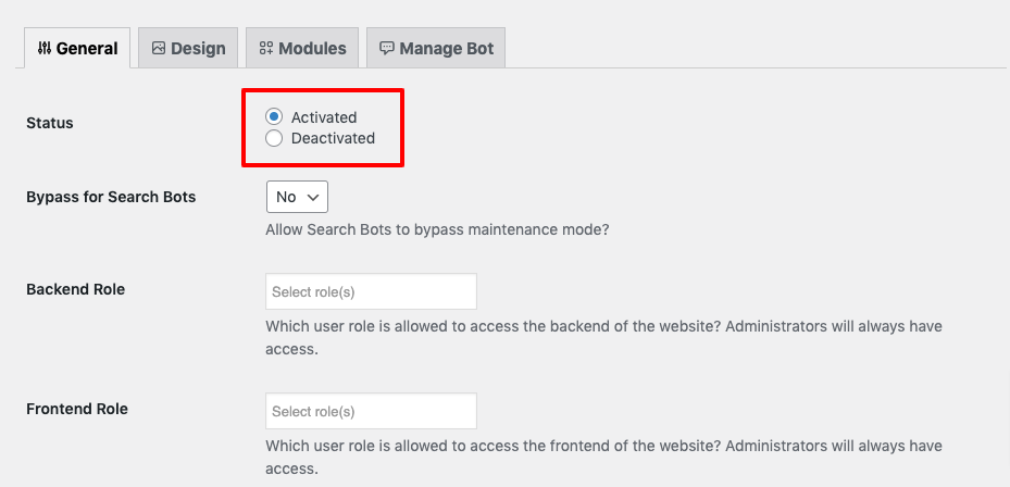 This image shows activated and deactivated options to turn on the site maintenance mode.