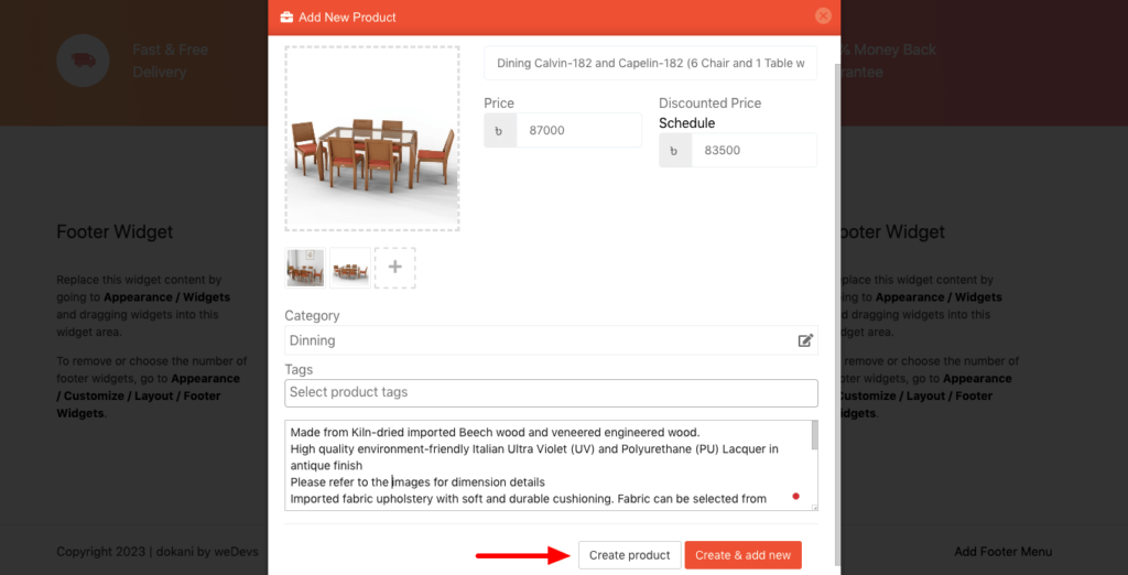 This is a screenshot that shows how to set the product details from the frontend. 