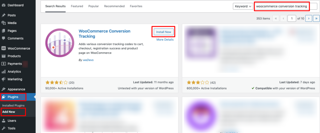 This is a screenshot that shows how to install the WooCommerce Conversion Plugin. 