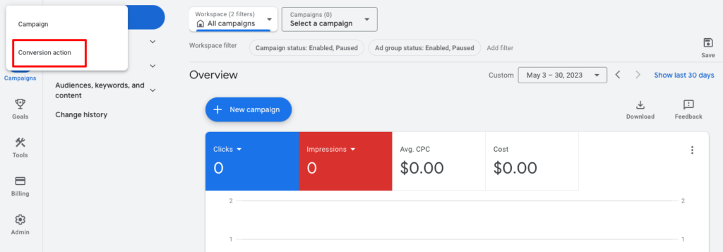 This is a screenshot that shows Conversion action option on a Google Ads account