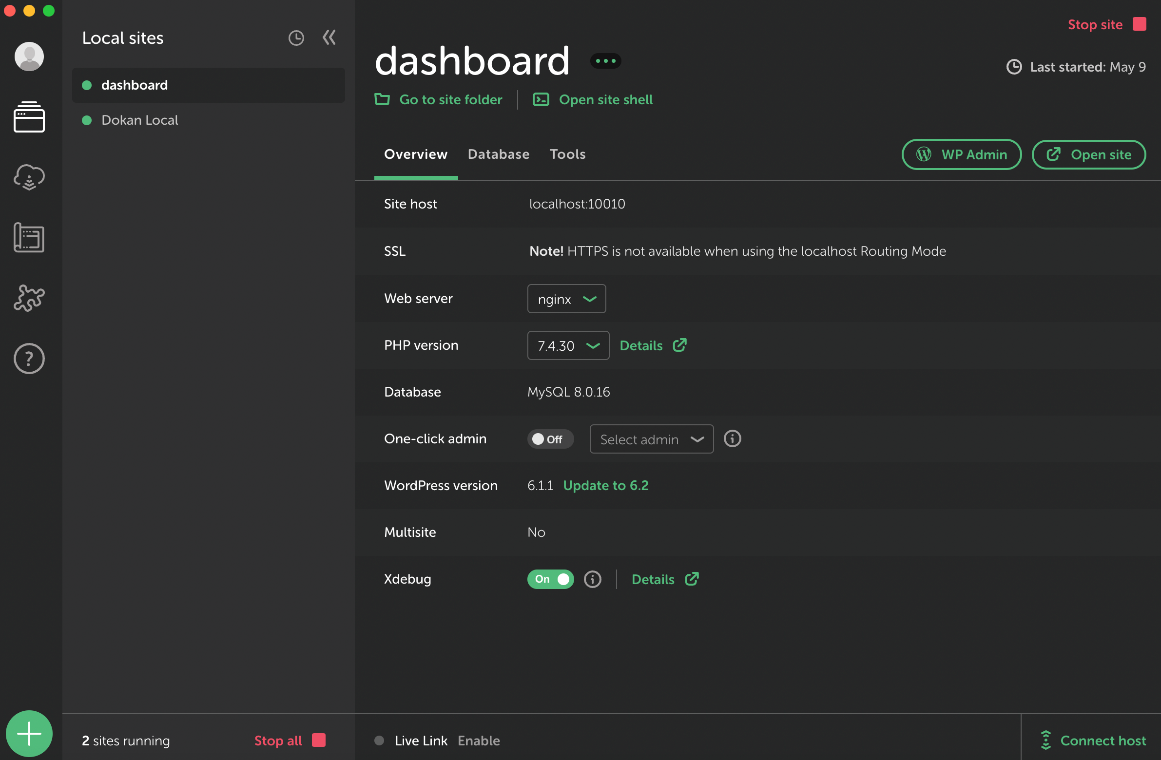Flywheel local dashboard overview.