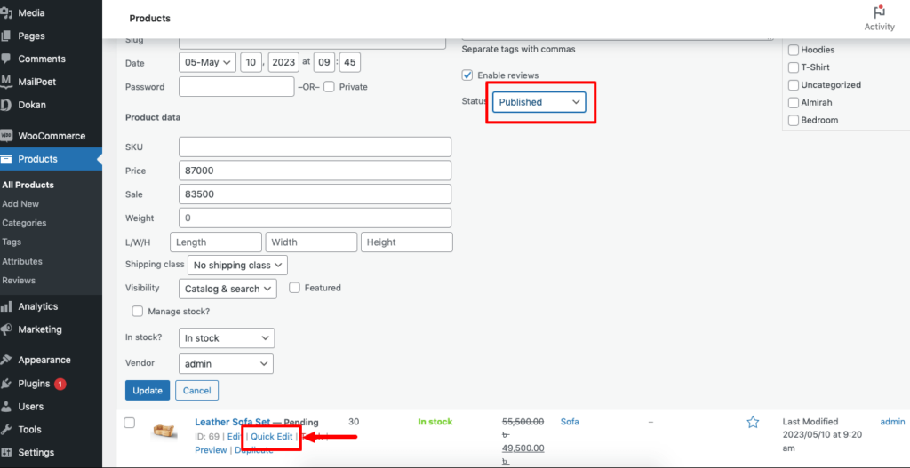 This image shows how to make pending products to published products. 