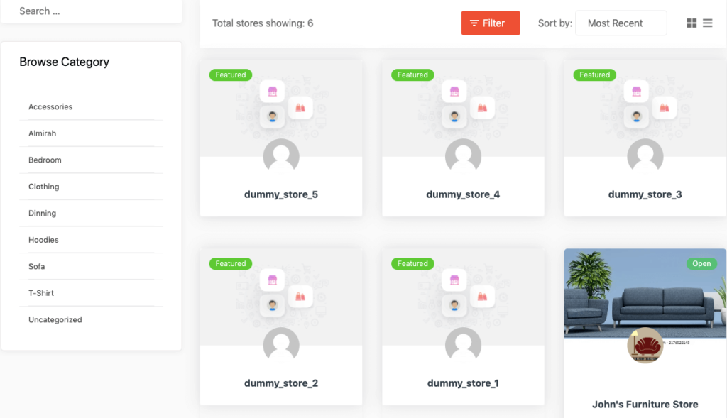 This image shows that 6 stors are listed on an online furniture marketplace. 