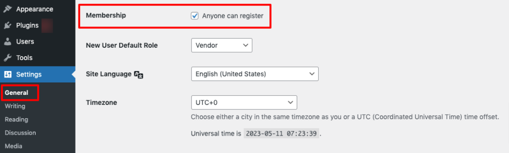 This image shows how to enable the "Anyone can register" option on your marketplace. 