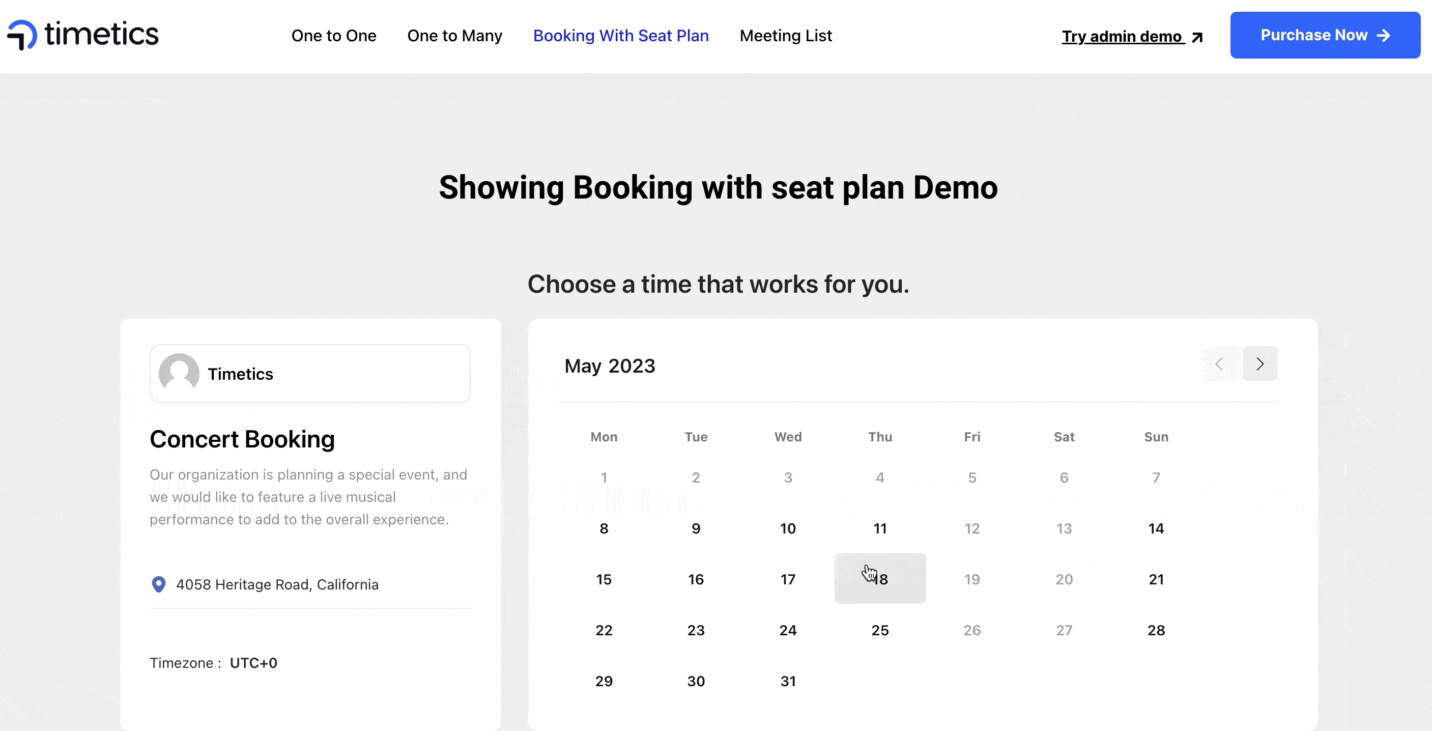 A gif describing booking with seat plan inside timetics