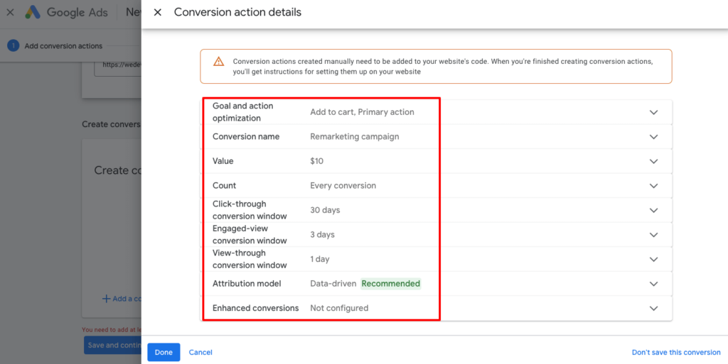 This image shows the options to add a conversion action on a google ads account.