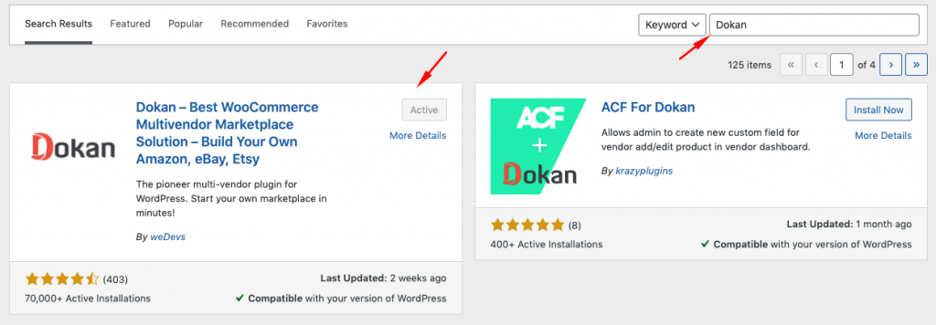 This is a screenshot of activating Dokan from WordPress dashboard