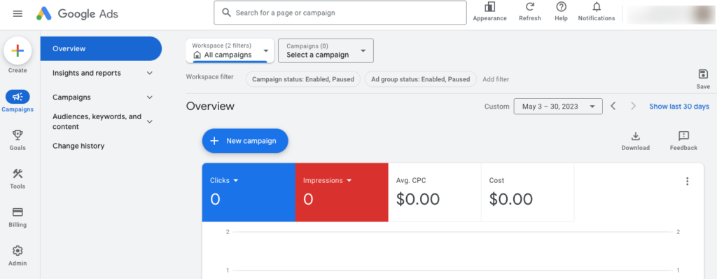 This is a screenshot of the google adwords account