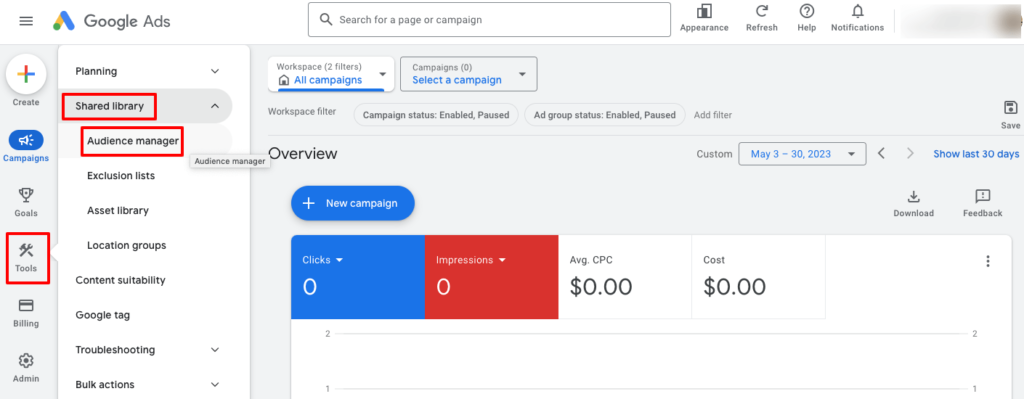 This is an image that shows the Audience manager on Google Ads account. 