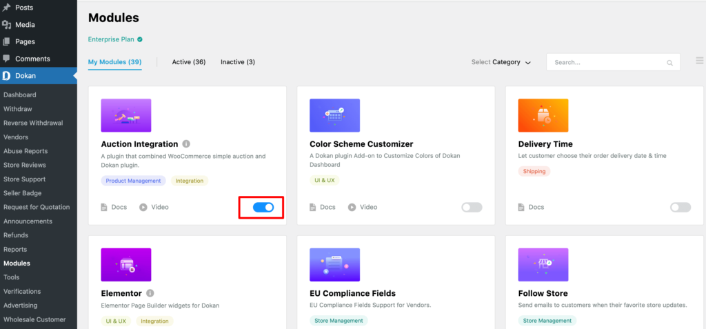 This screenshot shows a list of the Dokan premium modules.
