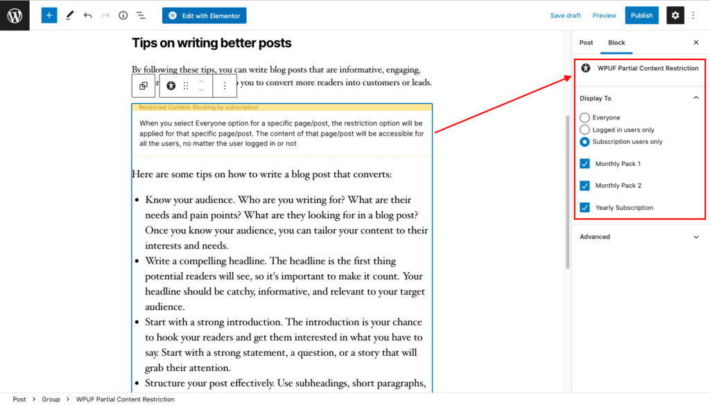 WPUF Partial Content Restriction feature overview