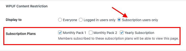 checking/unchecking the boxes to control which subscription pack with WP User Frontend Plugin