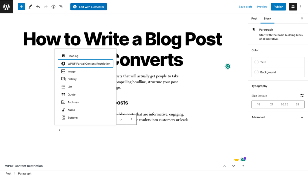 WPUF Partial Content Restriction block in WordPress Gutenberg editor
