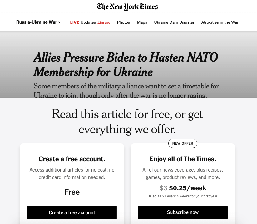 This screenshot shows content locking option in newyorktimes.com