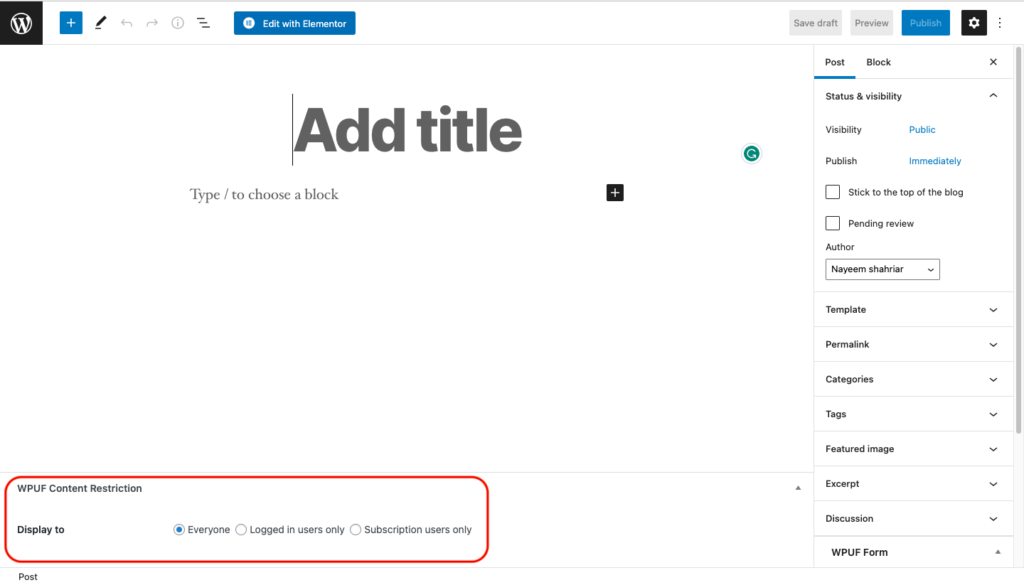 The content restriction setting of WP User Frontend plugin under post