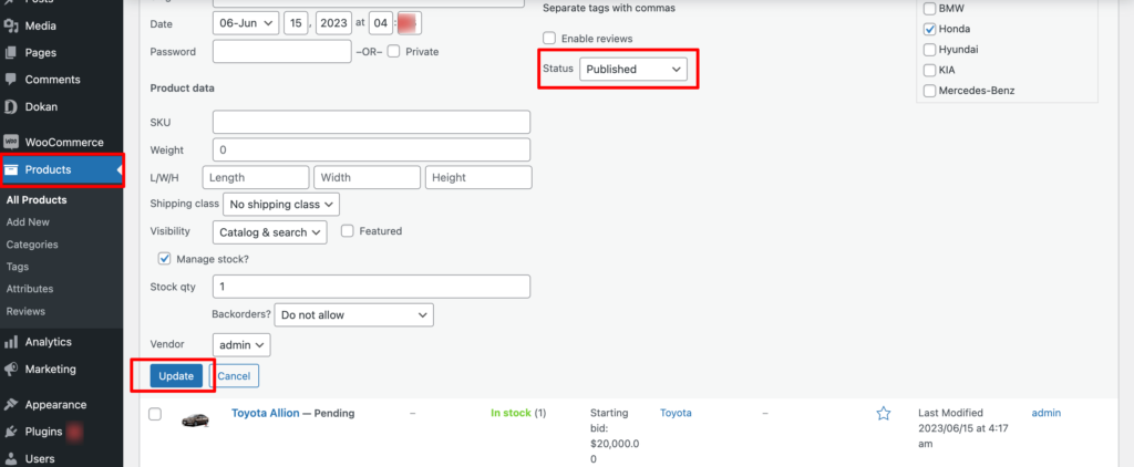 This is a screenshot that shows how to approve products as an admin