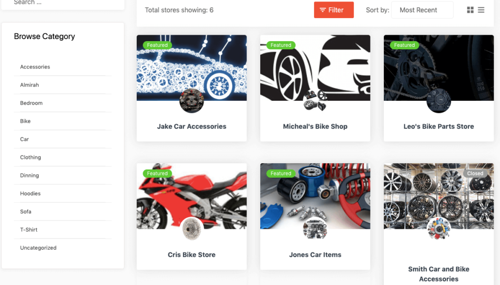 This image shows that 6 stors are listed on an online bike and car parts marketplace. 