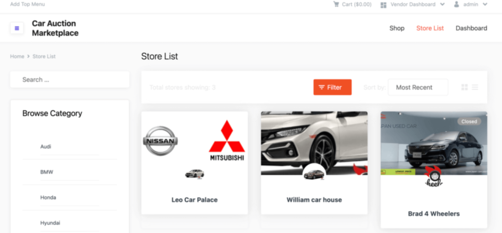 This is an image that shows car store list in a car auction marketplace.