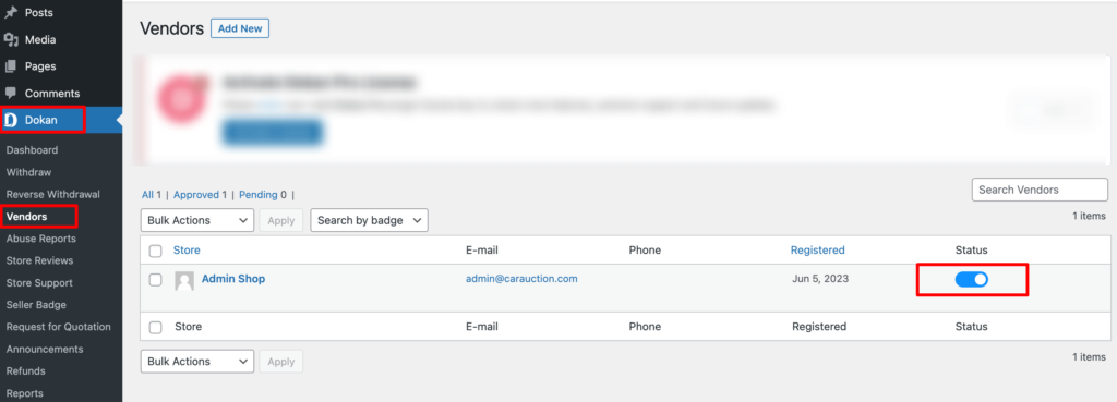 This is a screenshot that shows how to enable an admin to become a vendor on his own marketplace