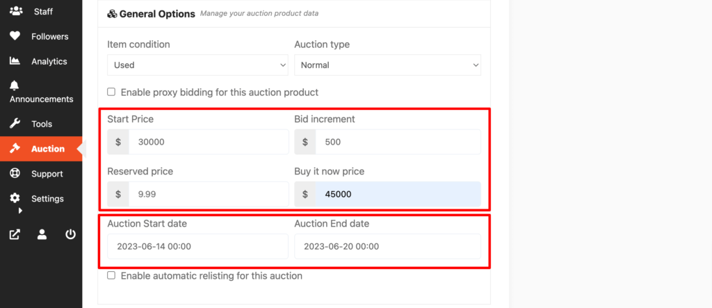 This is a screenshot that shows how to set bidding price in Dokan auction module