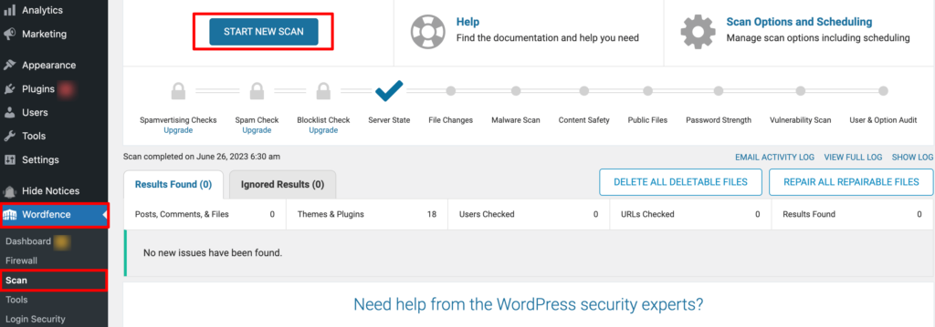 This is a screenshot that shows how to scan a WordPress website using the Wordfence plugin